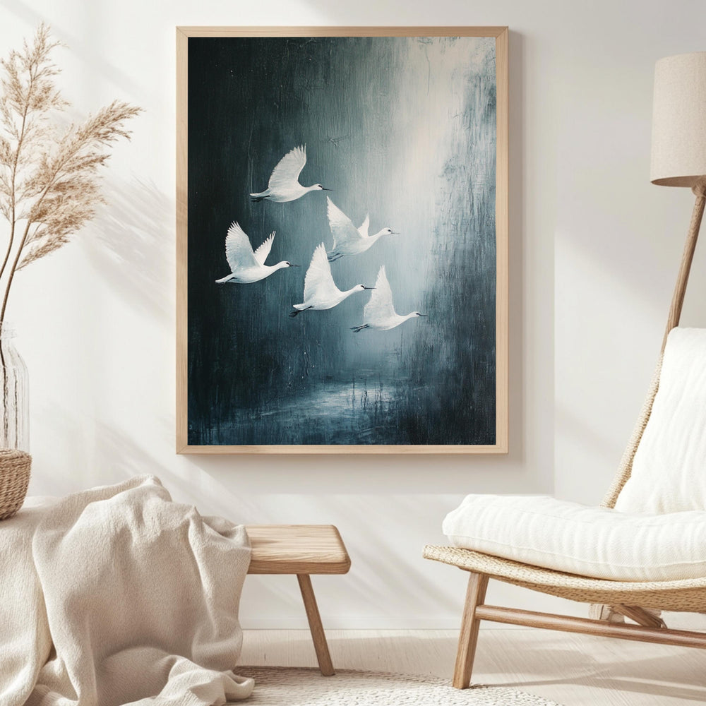 White Swan Wall Art, Wooden Framed Canvas, Minimalist Wildlife Nature Print, Elegant Swan Flock Home Decor, Modern Bird Home Accent