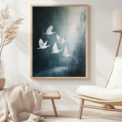 White Swan Wall Art, Wooden Framed Canvas, Minimalist Wildlife Nature Print, Elegant Swan Flock Home Decor, Modern Bird Home Accent