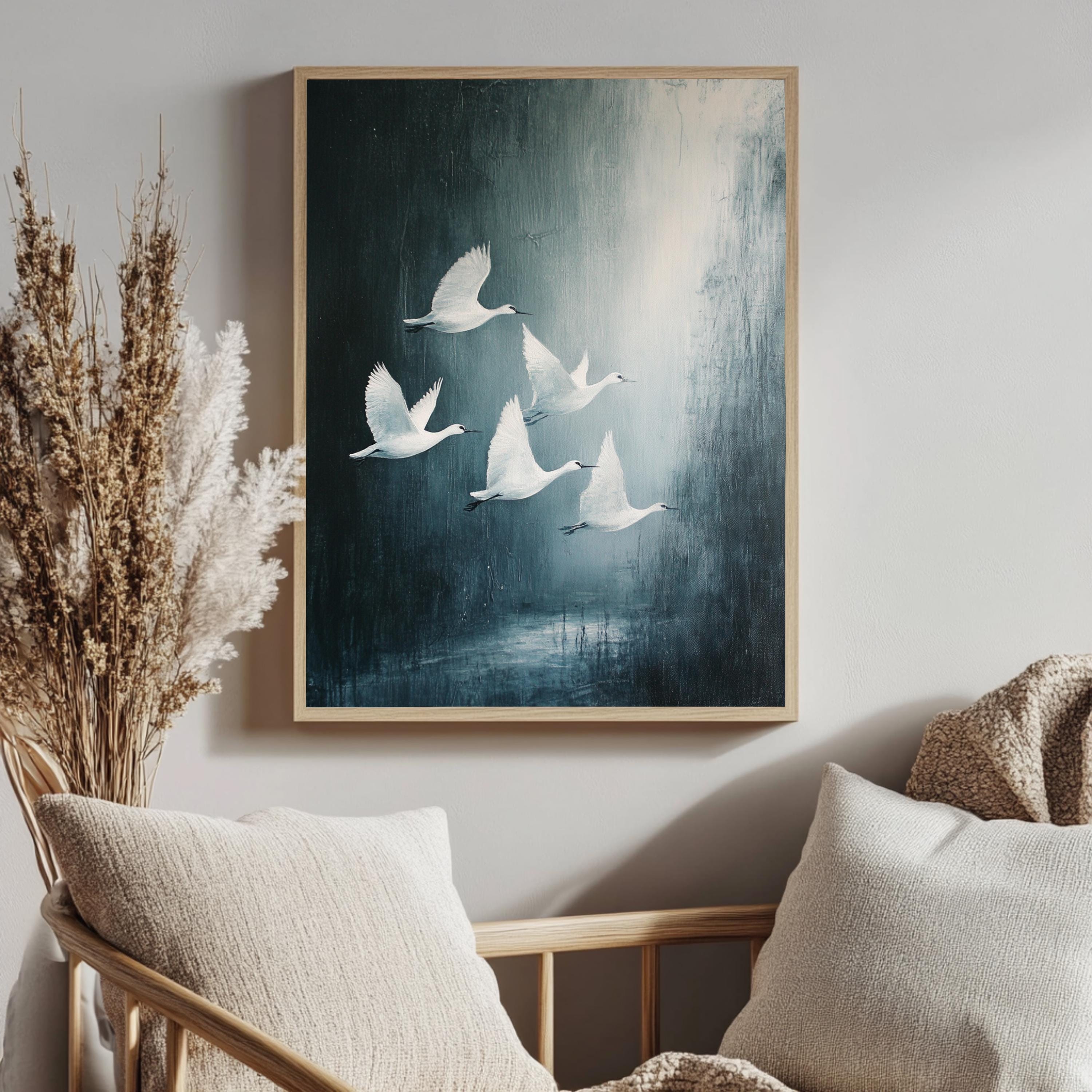 White Swan Wall Art, Wooden Framed Canvas, Minimalist Wildlife Nature Print, Elegant Swan Flock Home Decor, Modern Bird Home Accent