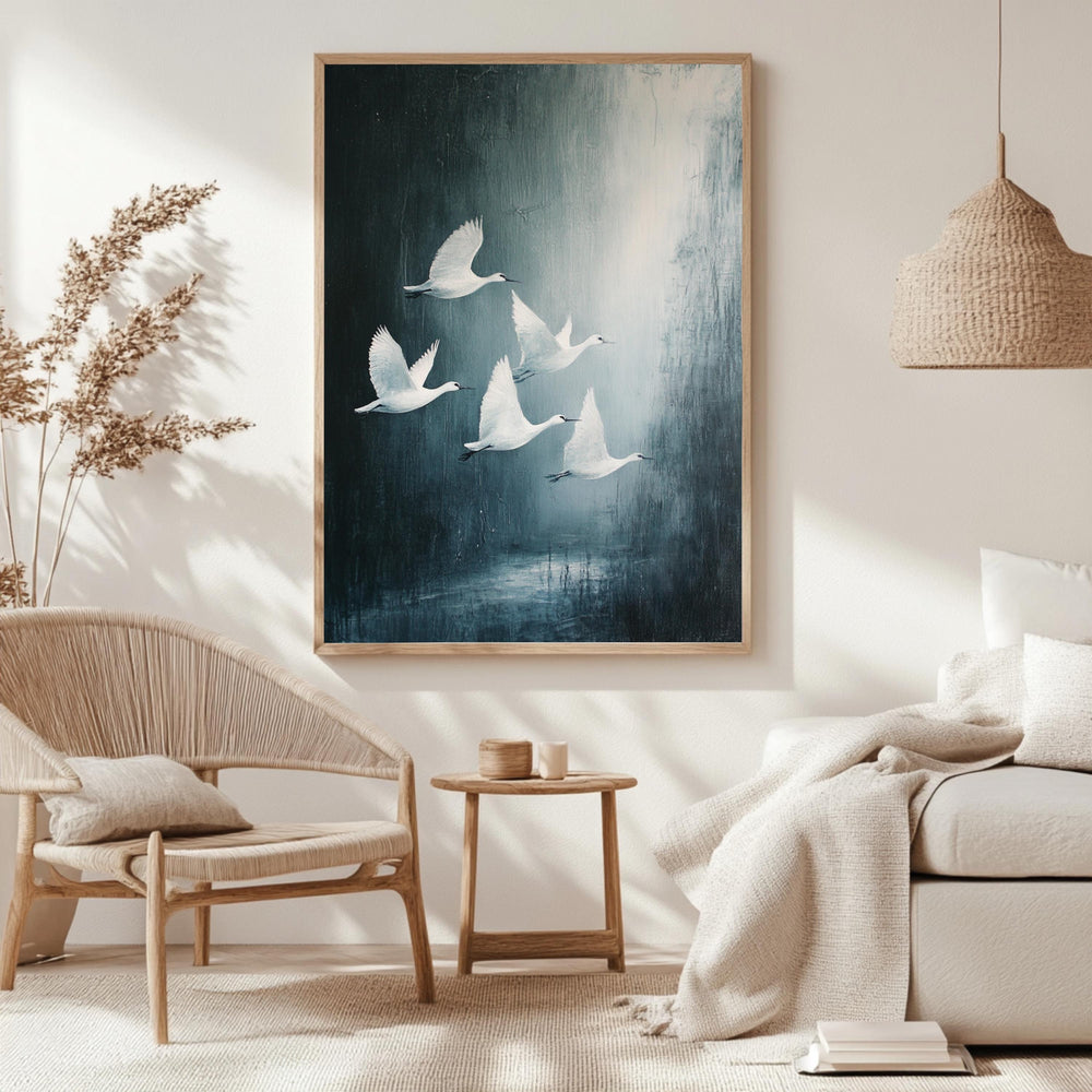 White Swan Wall Art, Wooden Framed Canvas, Minimalist Wildlife Nature Print, Elegant Swan Flock Home Decor, Modern Bird Home Accent