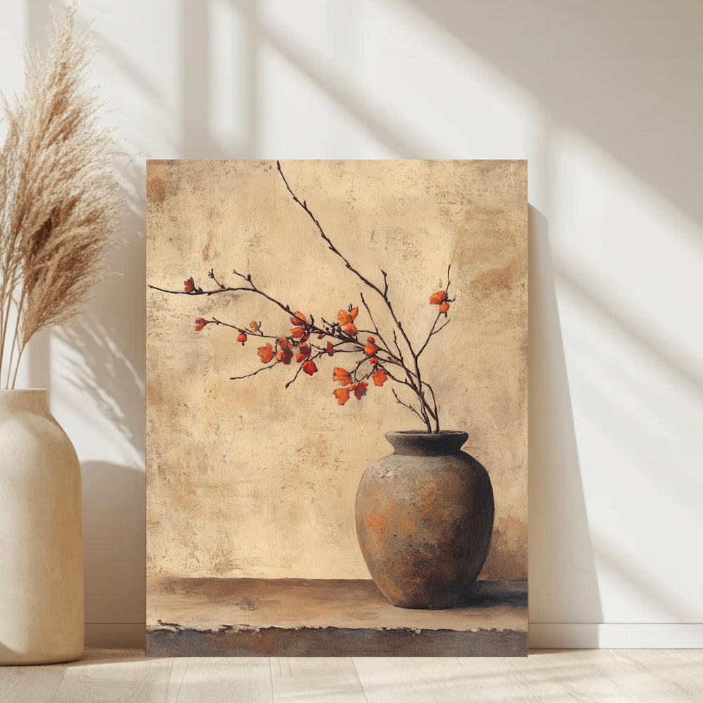 Rustic Vase Wall Art, Wooden Framed Canvas, Minimalist Autumn Branch Print, Neutral Botanical Home Decor, Vintage Still Life Accent