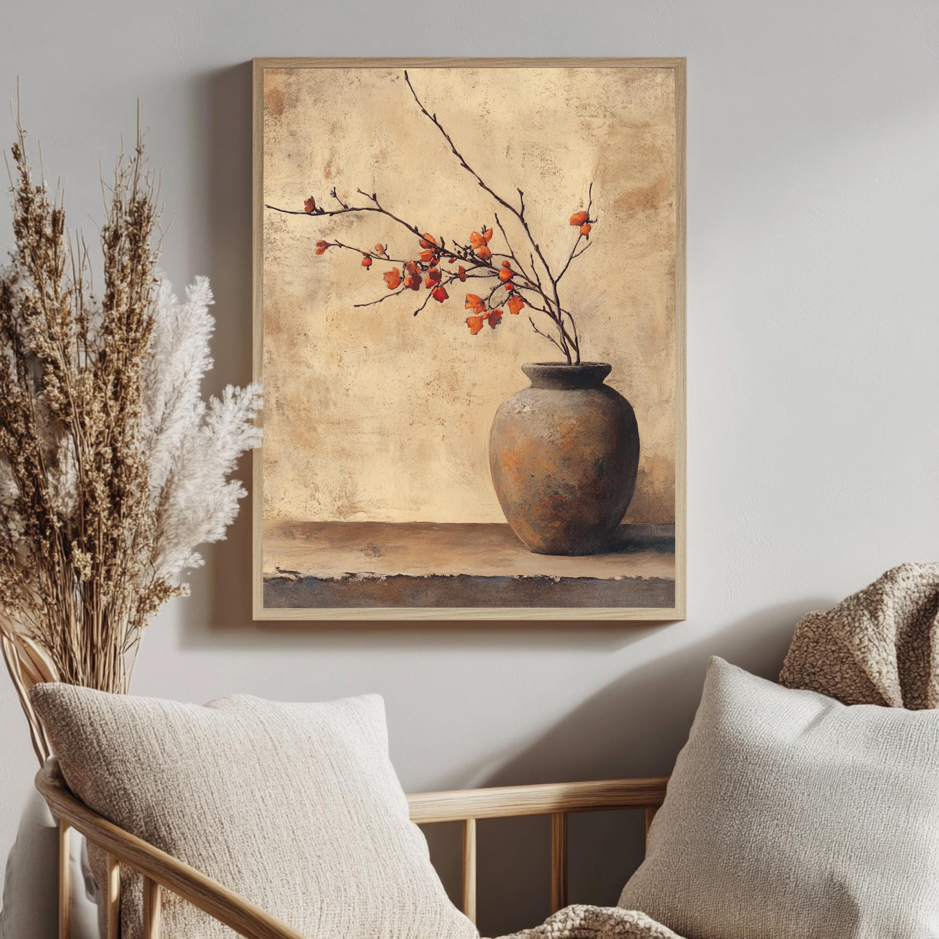 Rustic Vase Wall Art, Wooden Framed Canvas, Minimalist Autumn Branch Print, Neutral Botanical Home Decor, Vintage Still Life Accent