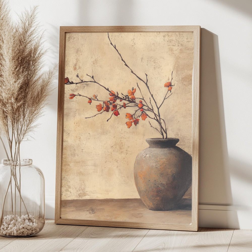 Rustic Vase Wall Art, Wooden Framed Canvas, Minimalist Autumn Branch Print, Neutral Botanical Home Decor, Vintage Still Life Accent