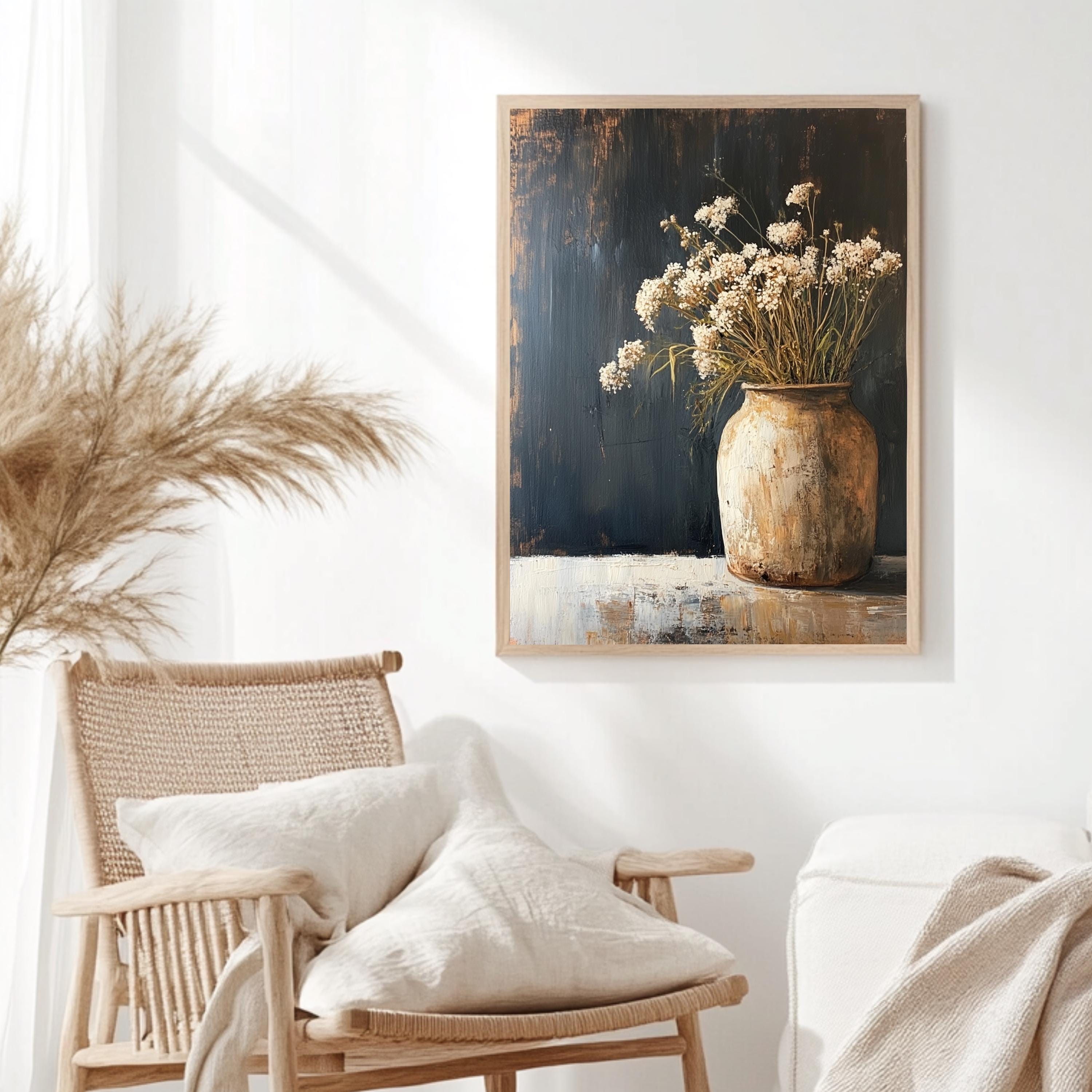 Rustic Flower Vase Wall Art, Wooden Framed Canvas, Neutral Dried Flowers Print, Vintage Botanical Still Life Decor, Country Farmhouse Accent