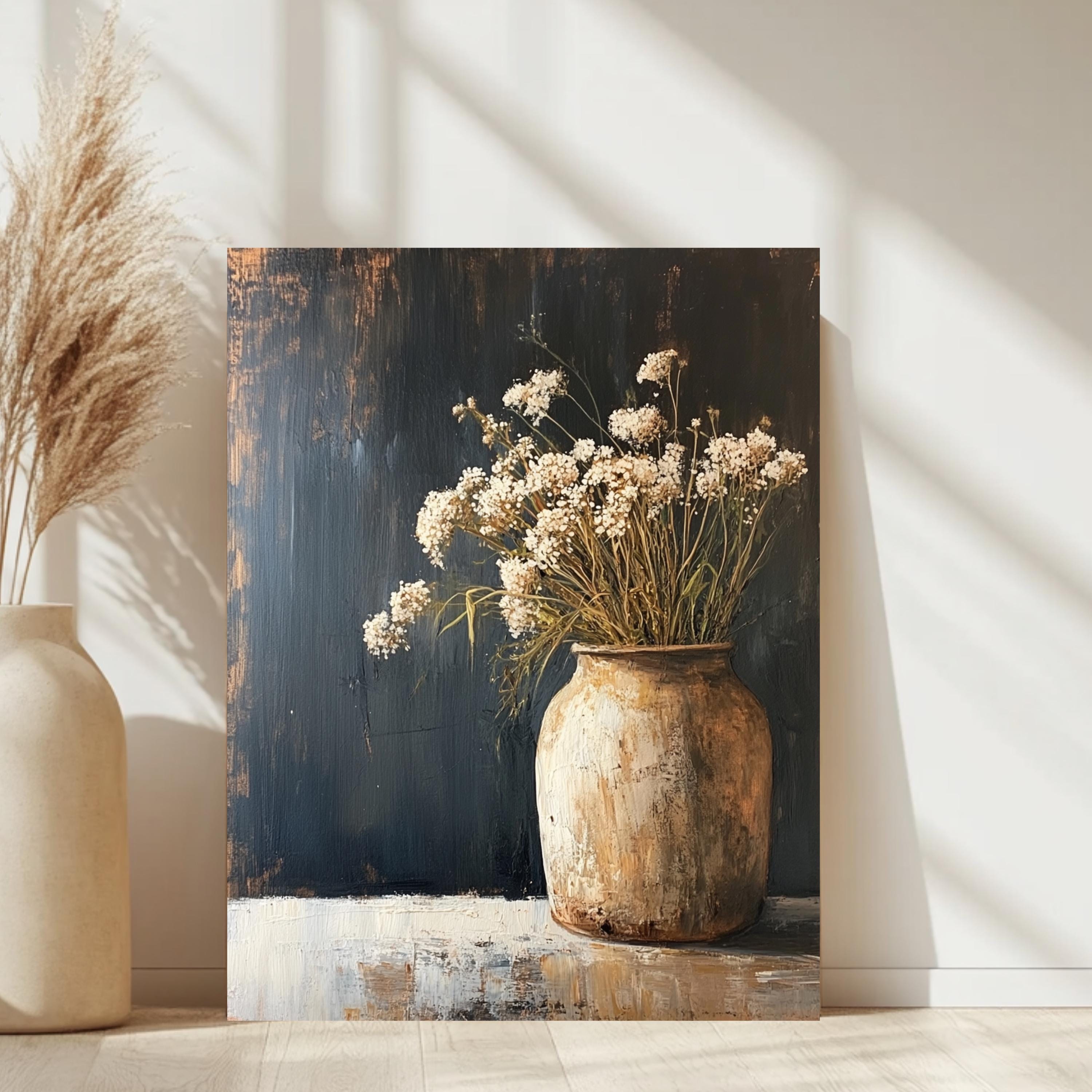 Rustic Flower Vase Wall Art, Wooden Framed Canvas, Neutral Dried Flowers Print, Vintage Botanical Still Life Decor, Country Farmhouse Accent