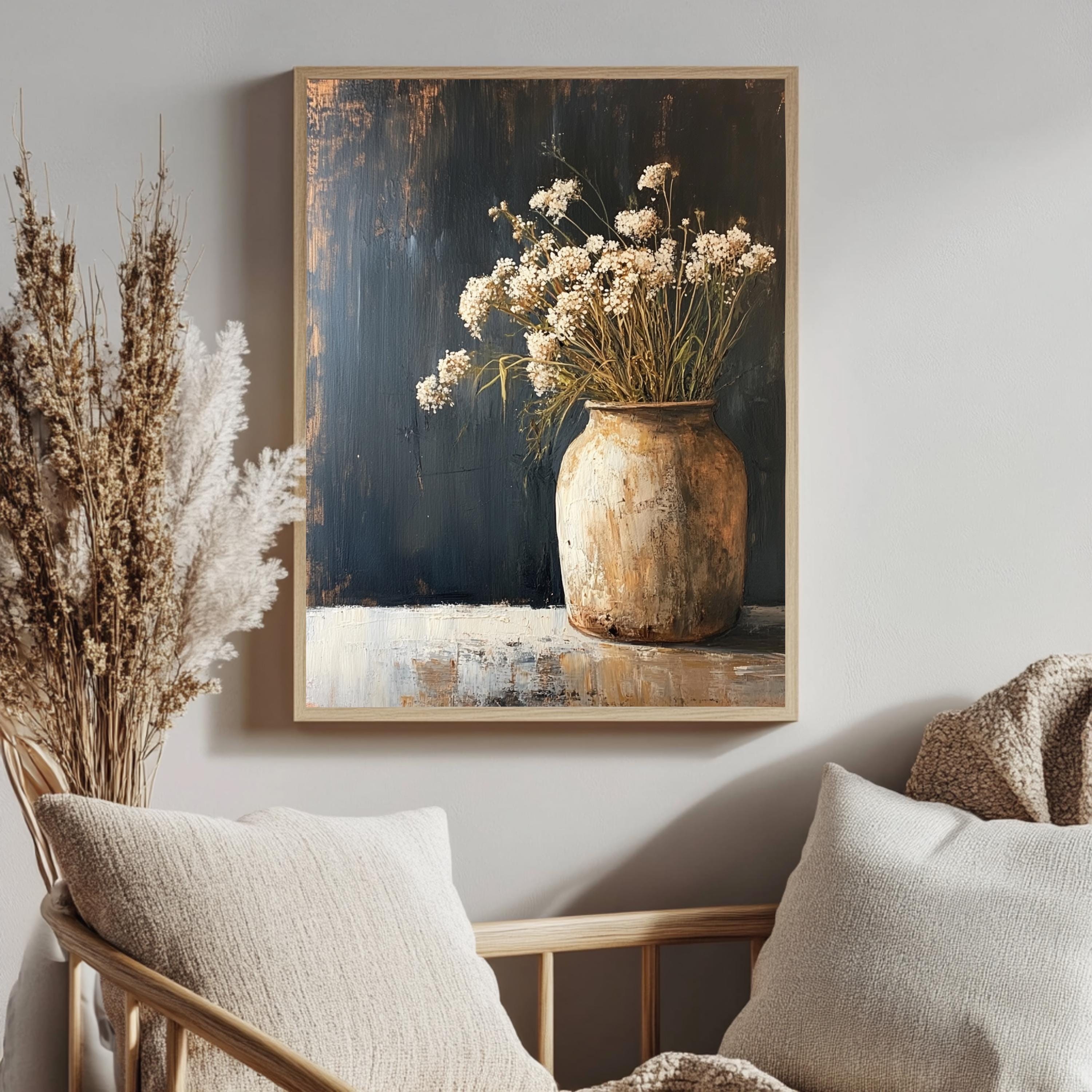 Rustic Flower Vase Wall Art, Wooden Framed Canvas, Neutral Dried Flowers Print, Vintage Botanical Still Life Decor, Country Farmhouse Accent