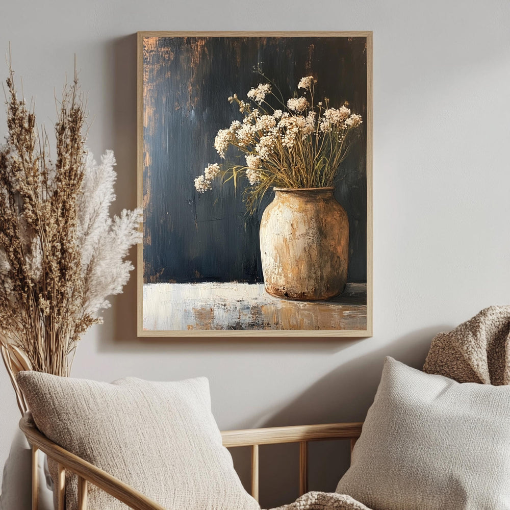Rustic Flower Vase Wall Art, Wooden Framed Canvas, Neutral Dried Flowers Print, Vintage Botanical Still Life Decor, Country Farmhouse Accent