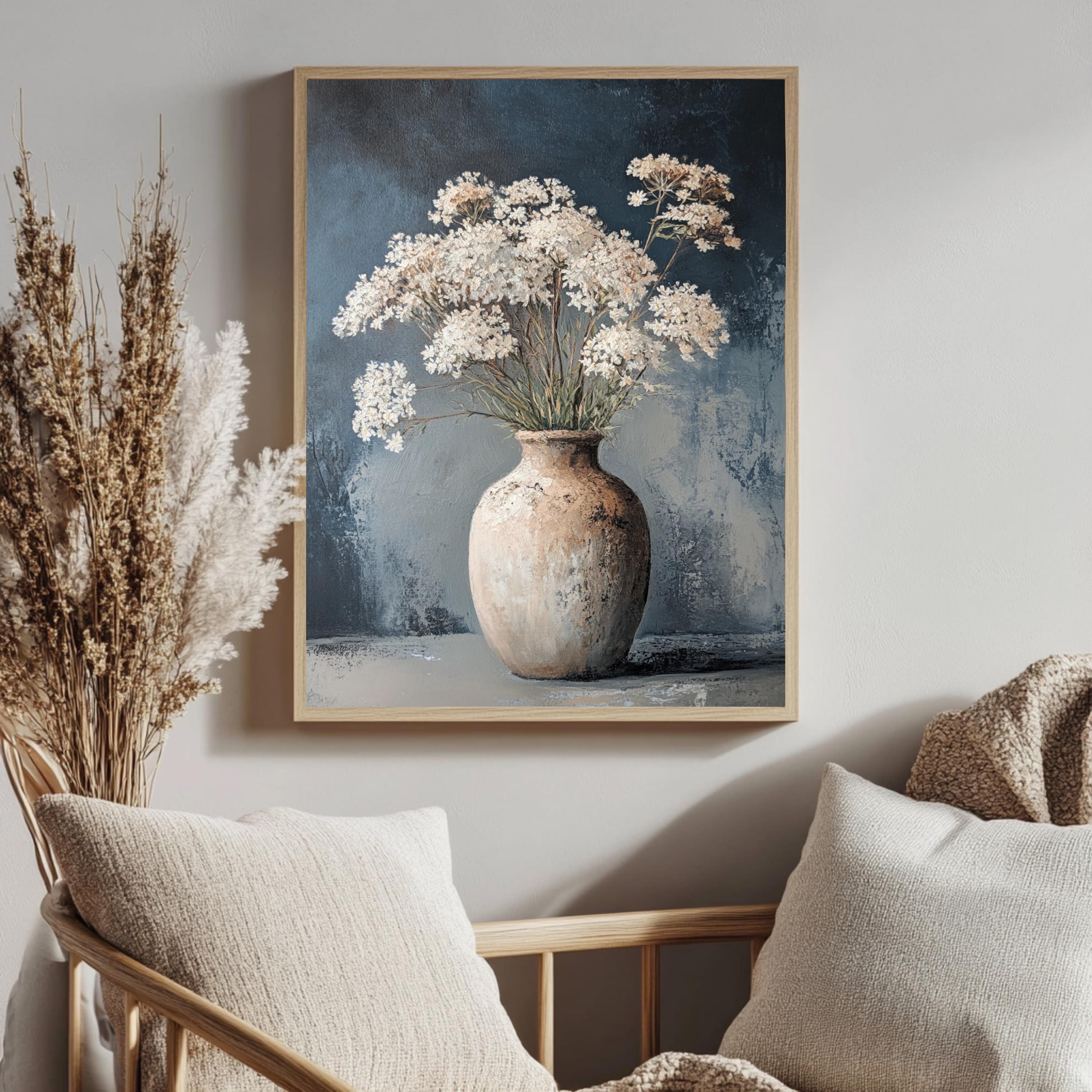 Vintage Vase Wall Art, Wooden Framed Canvas, Neutral White Flowers Print, Vintage Botanical Still Life Decor, Country Farmhouse Accent
