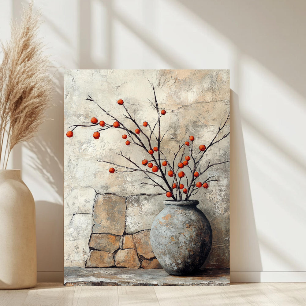 Vintage Stone Vase Wall Art, Wooden Framed Canvas, Rustic Orange Berry Branch Print, Country Farmhouse Decor, Cozy Home Accent