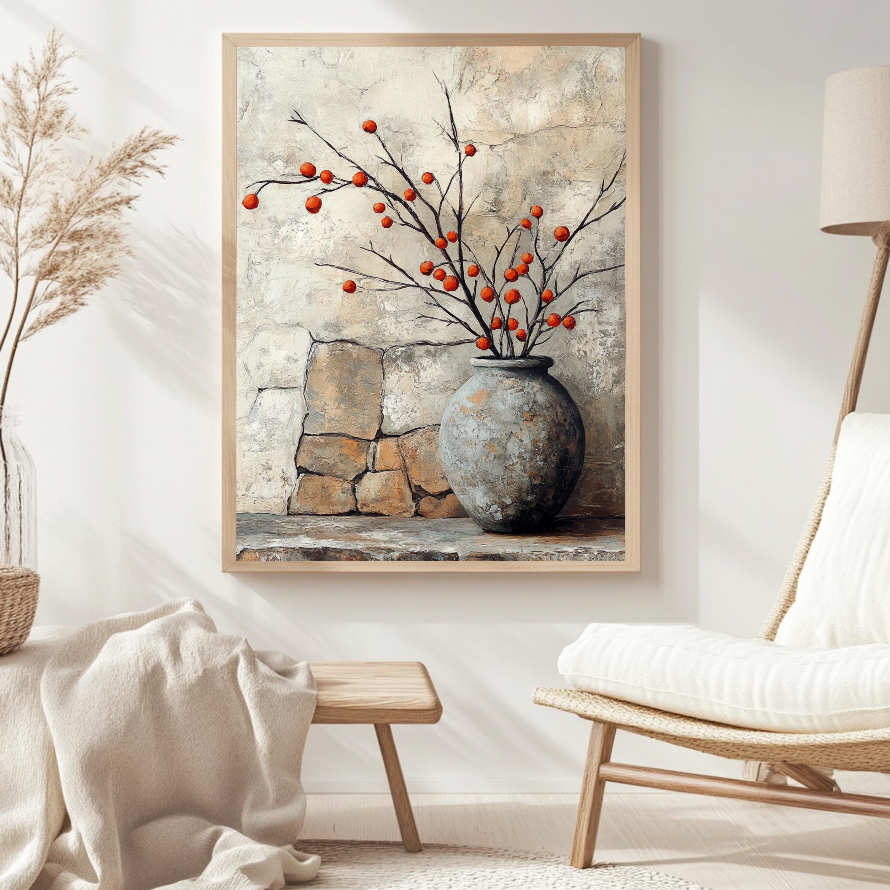 Vintage Stone Vase Wall Art, Wooden Framed Canvas, Rustic Orange Berry Branch Print, Country Farmhouse Decor, Cozy Home Accent