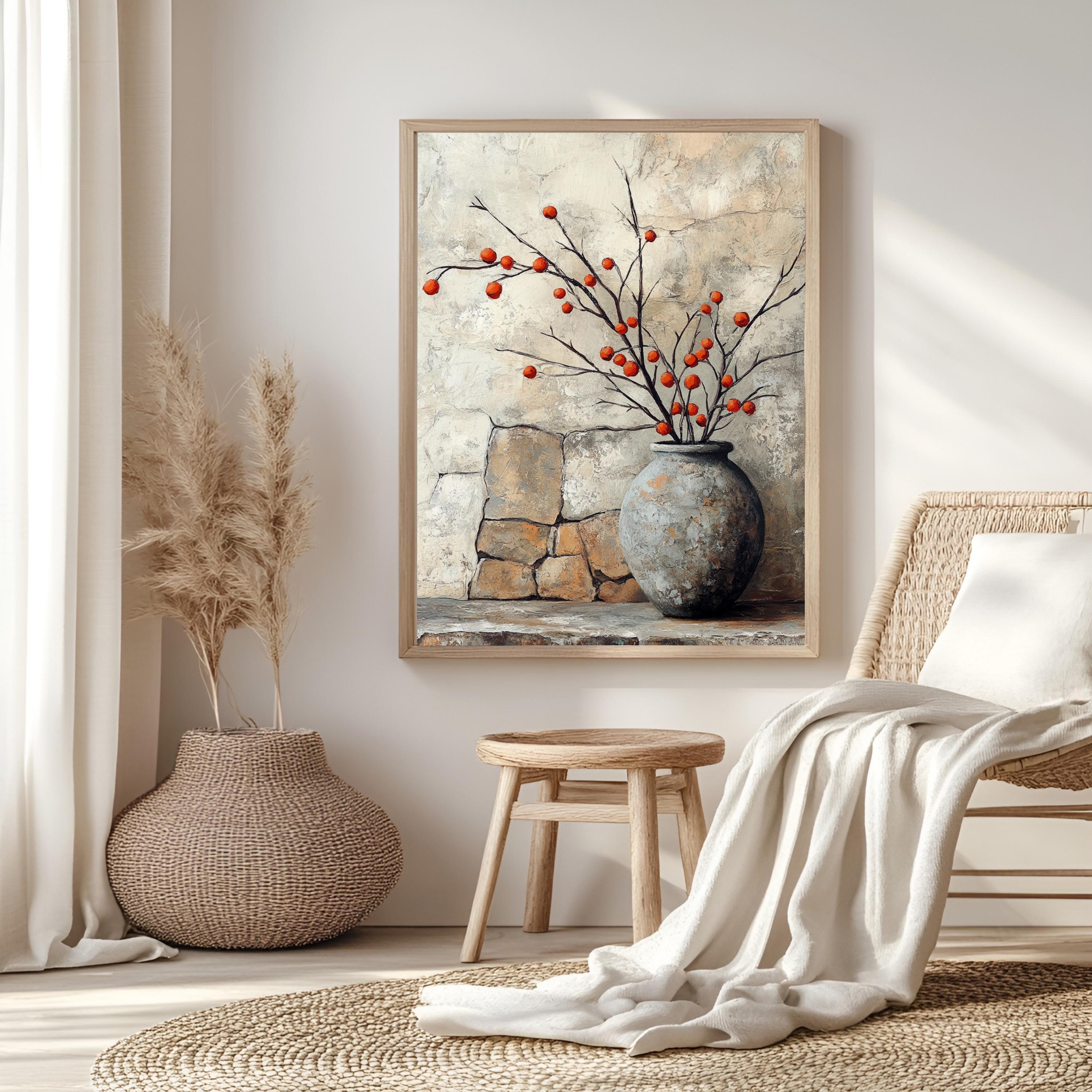 Vintage Stone Vase Wall Art, Wooden Framed Canvas, Rustic Orange Berry Branch Print, Country Farmhouse Decor, Cozy Home Accent