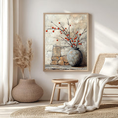 Vintage Stone Vase Wall Art, Wooden Framed Canvas, Rustic Orange Berry Branch Print, Country Farmhouse Decor, Cozy Home Accent