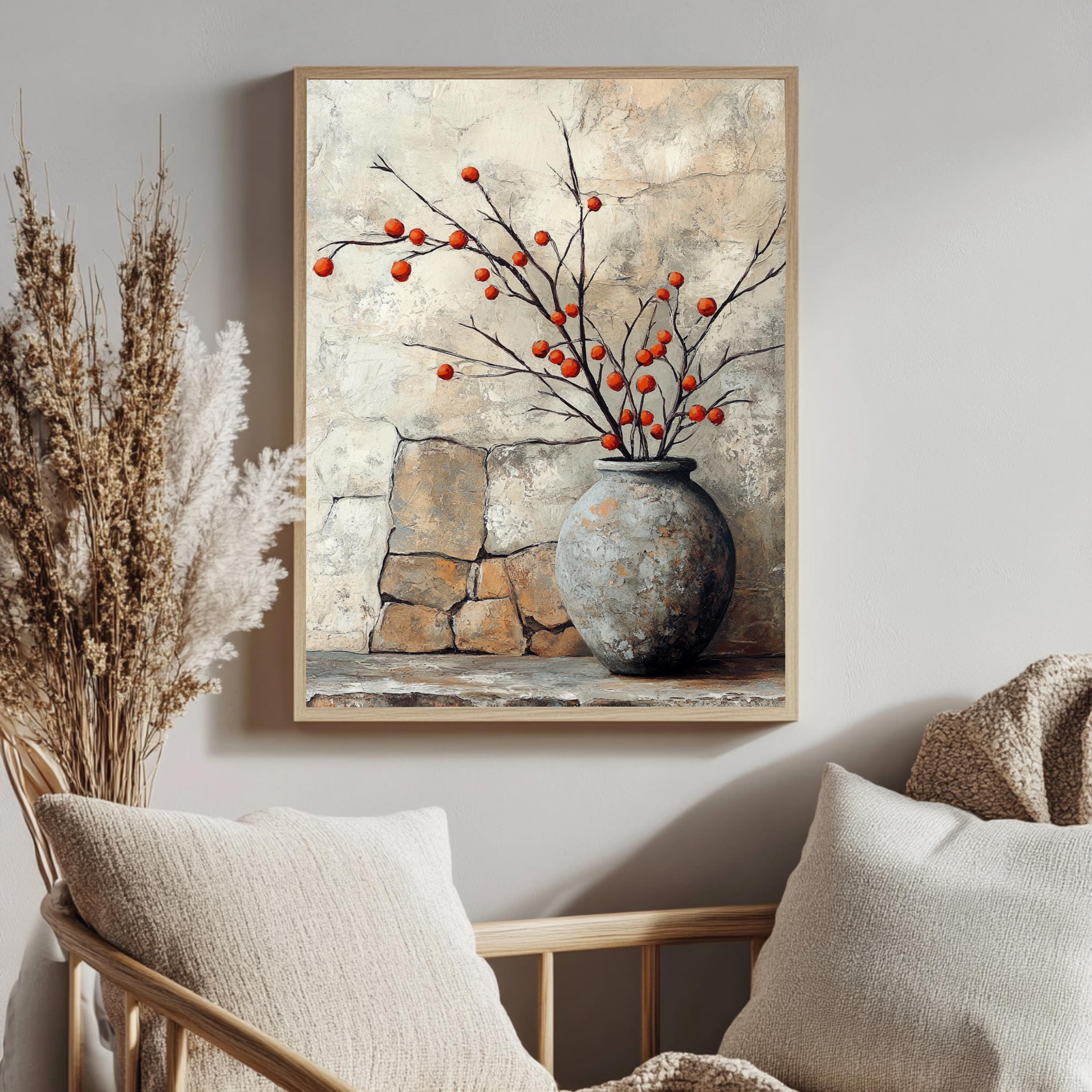 Vintage Stone Vase Wall Art, Wooden Framed Canvas, Rustic Orange Berry Branch Print, Country Farmhouse Decor, Cozy Home Accent