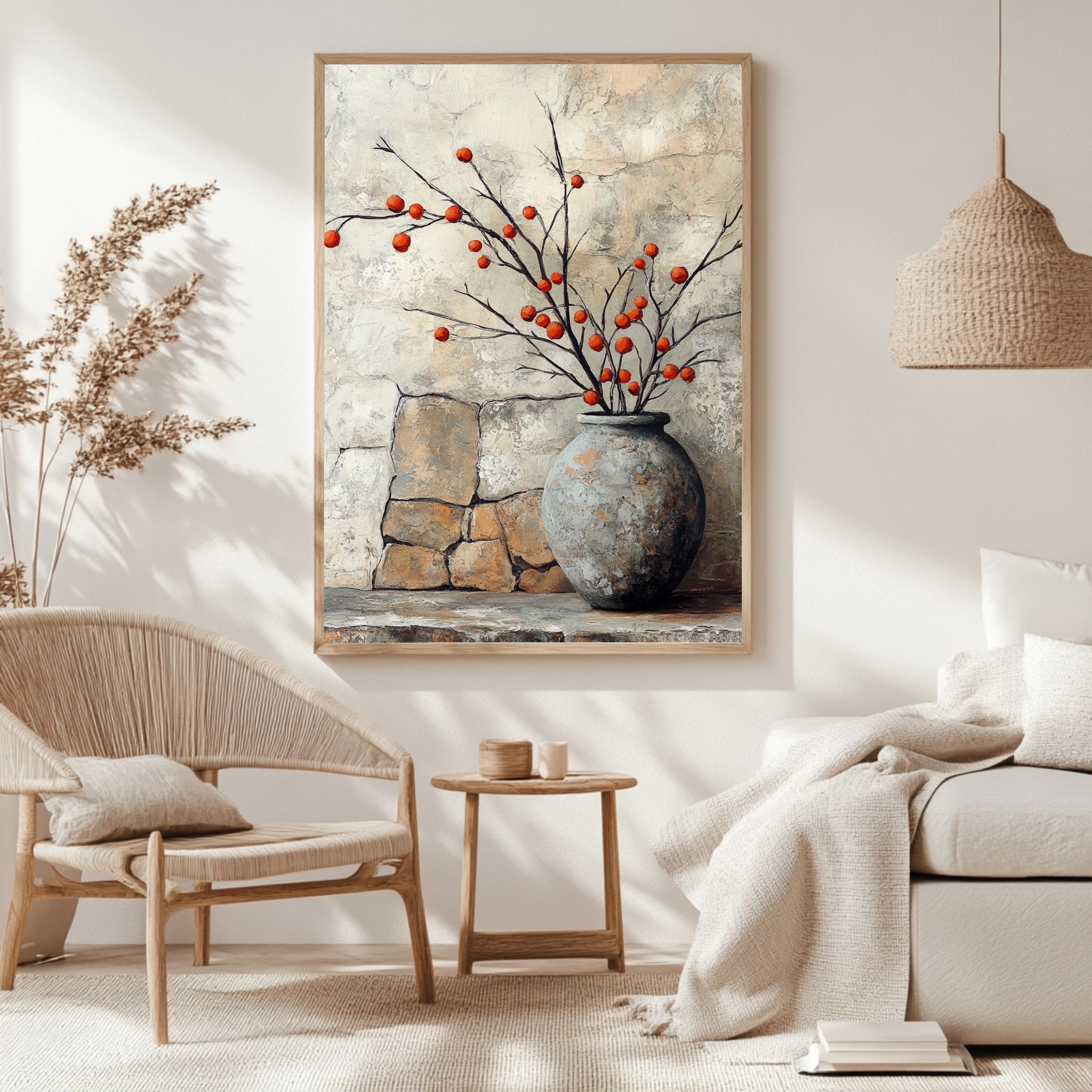 Vintage Stone Vase Wall Art, Wooden Framed Canvas, Rustic Orange Berry Branch Print, Country Farmhouse Decor, Cozy Home Accent