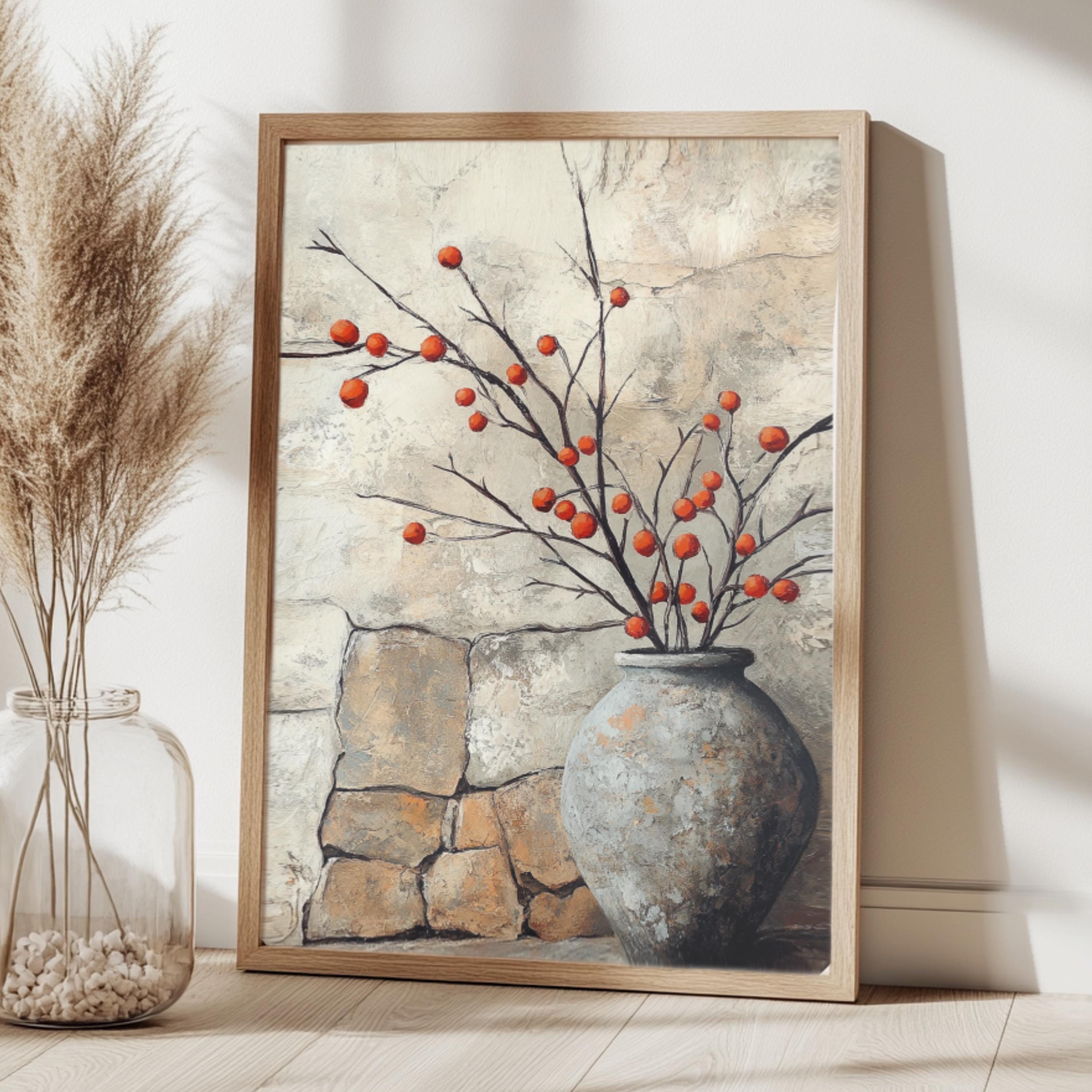 Vintage Stone Vase Wall Art, Wooden Framed Canvas, Rustic Orange Berry Branch Print, Country Farmhouse Decor, Cozy Home Accent
