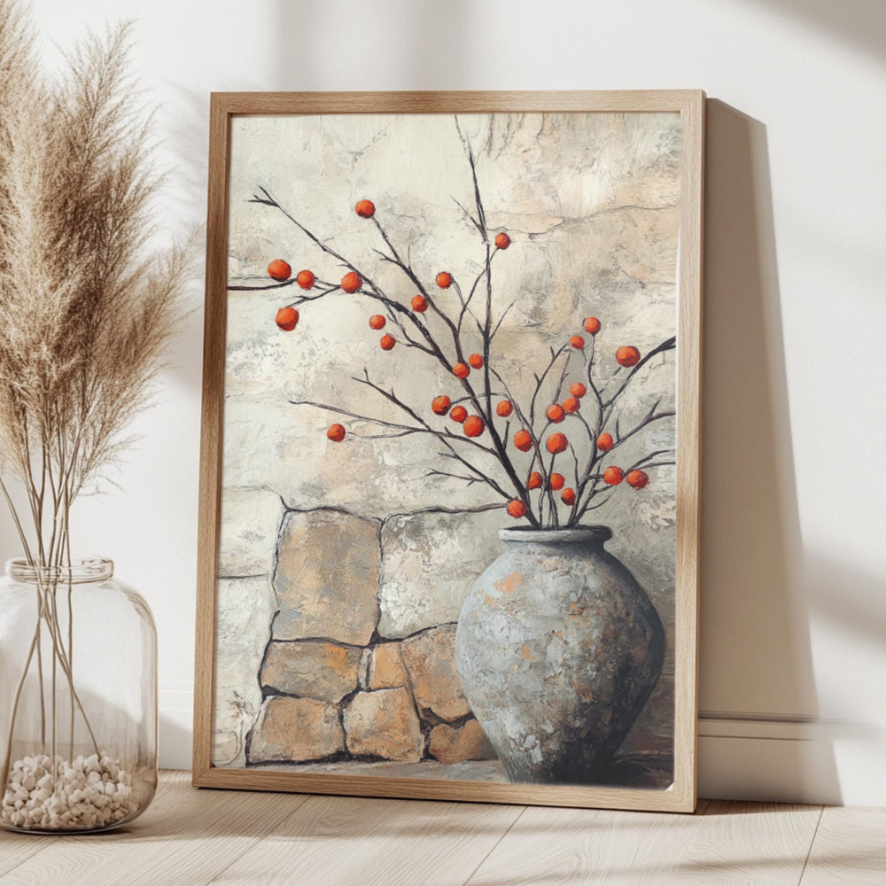 Vintage Stone Vase Wall Art, Wooden Framed Canvas, Rustic Orange Berry Branch Print, Country Farmhouse Decor, Cozy Home Accent