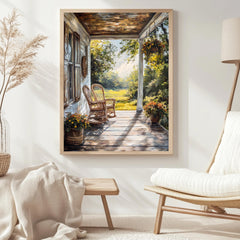 Rustic Porch Wall Art, Wooden Framed Canvas, Rustic Country Wicker Chair Print, Farmhouse Summer Veranda Decor, Cozy Country Home Accent