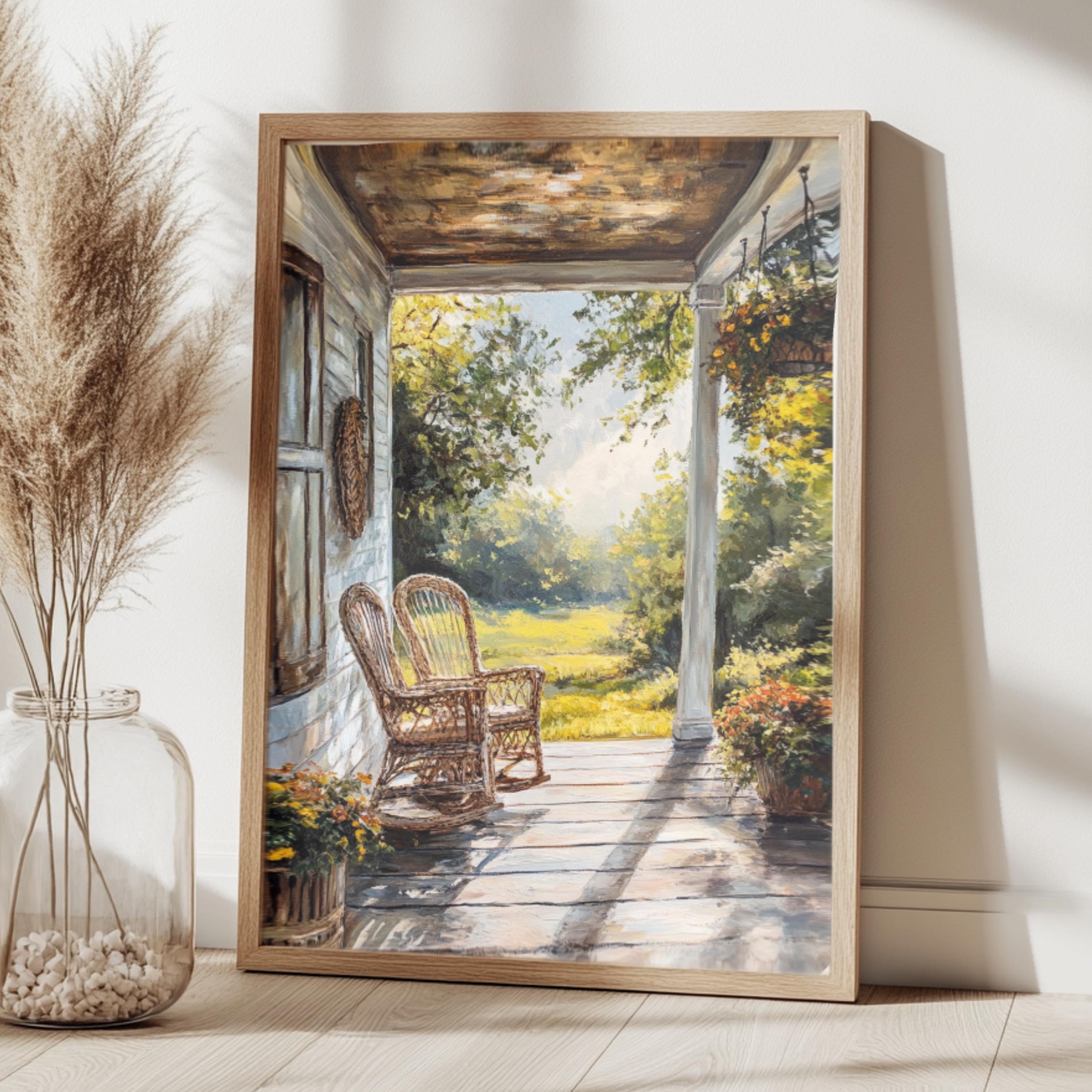 Rustic Porch Wall Art, Wooden Framed Canvas, Rustic Country Wicker Chair Print, Farmhouse Summer Veranda Decor, Cozy Country Home Accent