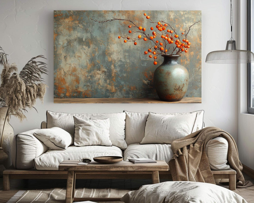 Orange Bittersweet Berries Canvas Wall Art, Moody Autumn Still Life Print, Farmhouse Country Print, Rustic Vase Fall Print,