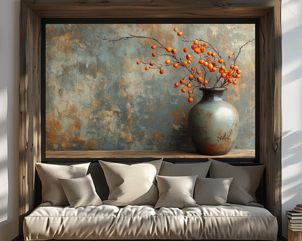 Orange Bittersweet Berries Canvas Wall Art, Moody Autumn Still Life Print, Farmhouse Country Print, Rustic Vase Fall Print,