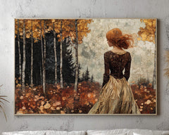 Woman in Autumn Forest Wall Art – Romantic Fall Landscape Painting, Rustic Golden Foliage Home Print, Rustic Fall Decor, Cozy Country Style