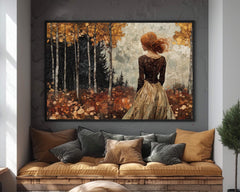 Woman in Autumn Forest Wall Art – Romantic Fall Landscape Painting, Rustic Golden Foliage Home Print, Rustic Fall Decor, Cozy Country Style