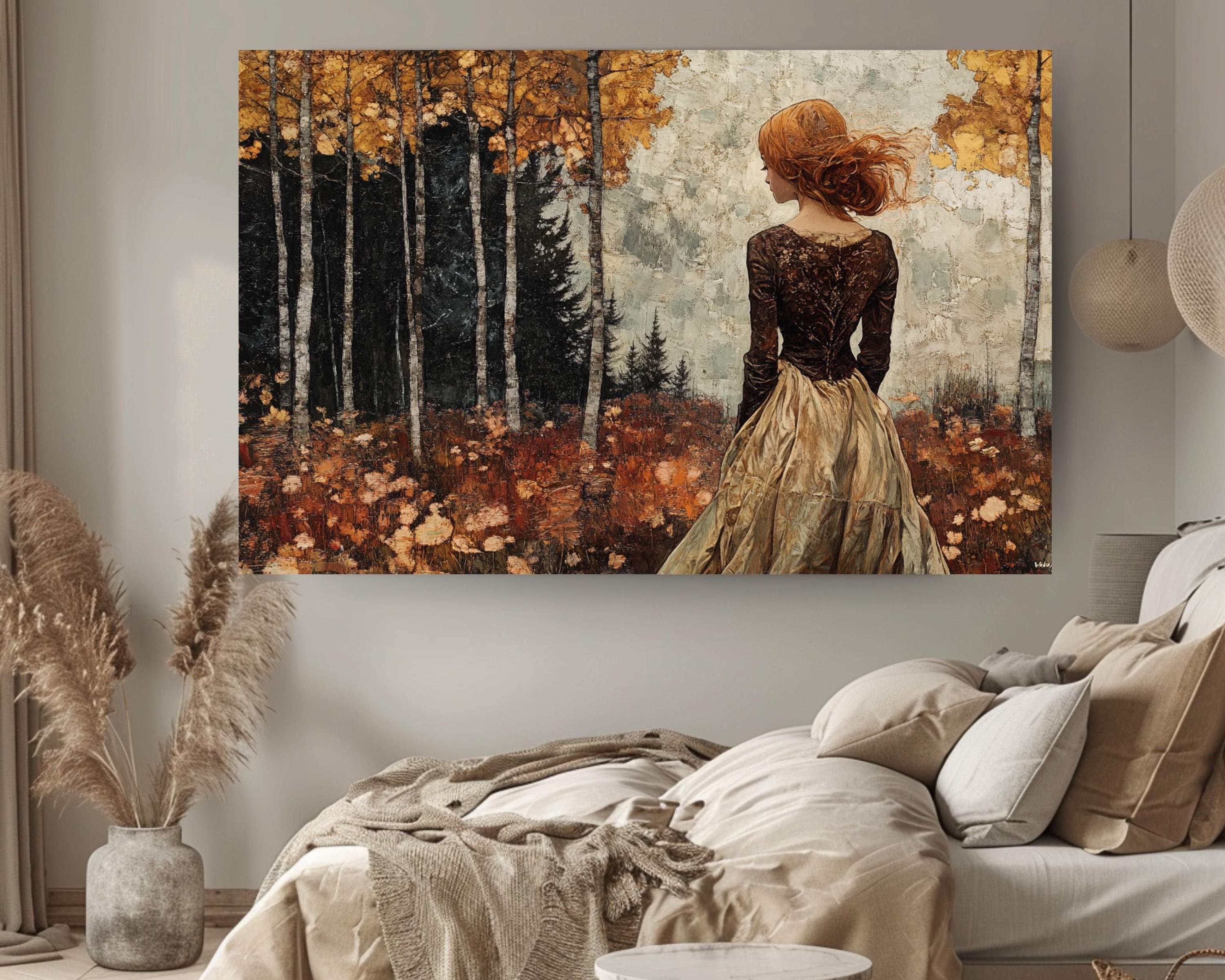 Woman in Autumn Forest Wall Art – Romantic Fall Landscape Painting, Rustic Golden Foliage Home Print, Rustic Fall Decor, Cozy Country Style