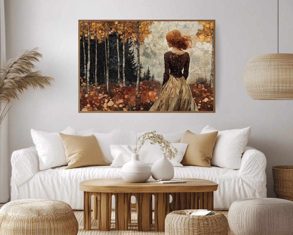 Woman in Autumn Forest Wall Art – Romantic Fall Landscape Painting, Rustic Golden Foliage Home Print, Rustic Fall Decor, Cozy Country Style