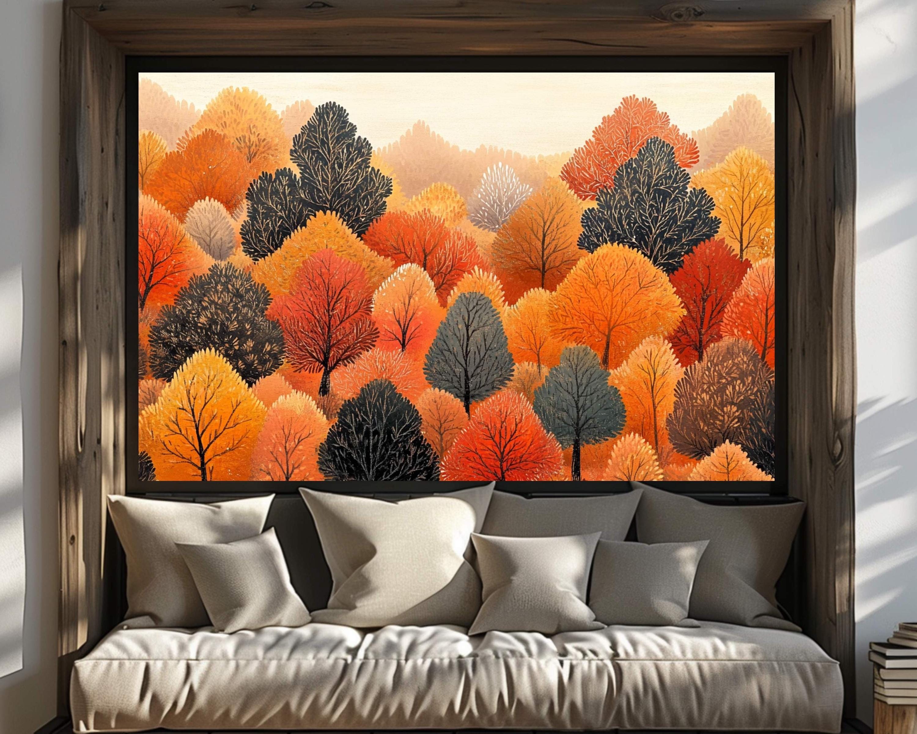 Autumn Tree Canopy Wall Art, Modern Fall Forest Print, Colorful Warm Nature Landscape, Autumn Trees Farmhouse Fall Decor, Cozy Country Style