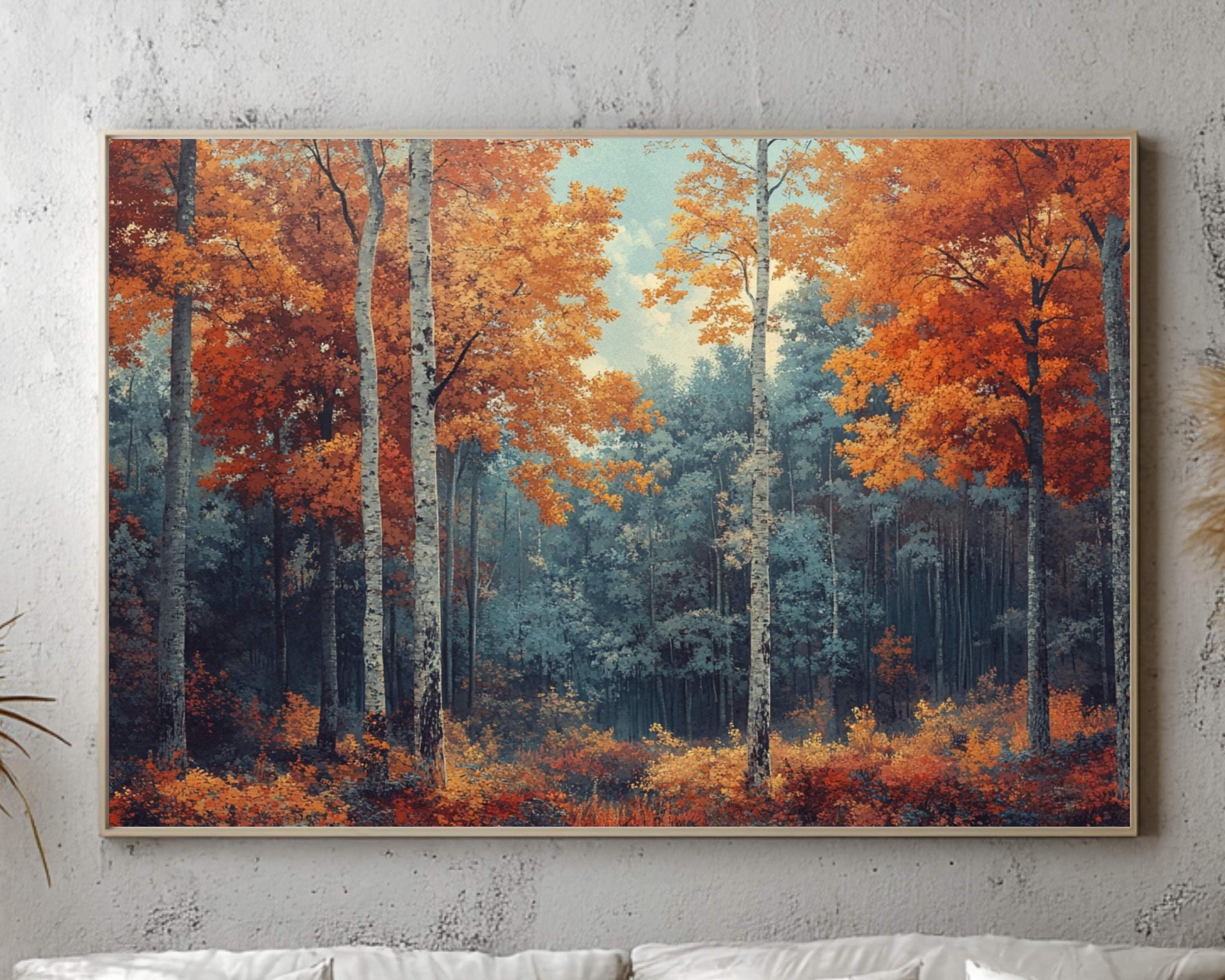 William Morris Autumn Forest Landscape Wall Art Print, Vibrant Orange Tree Woodland Scene, Cozy Seasonal Fall Home Decor,