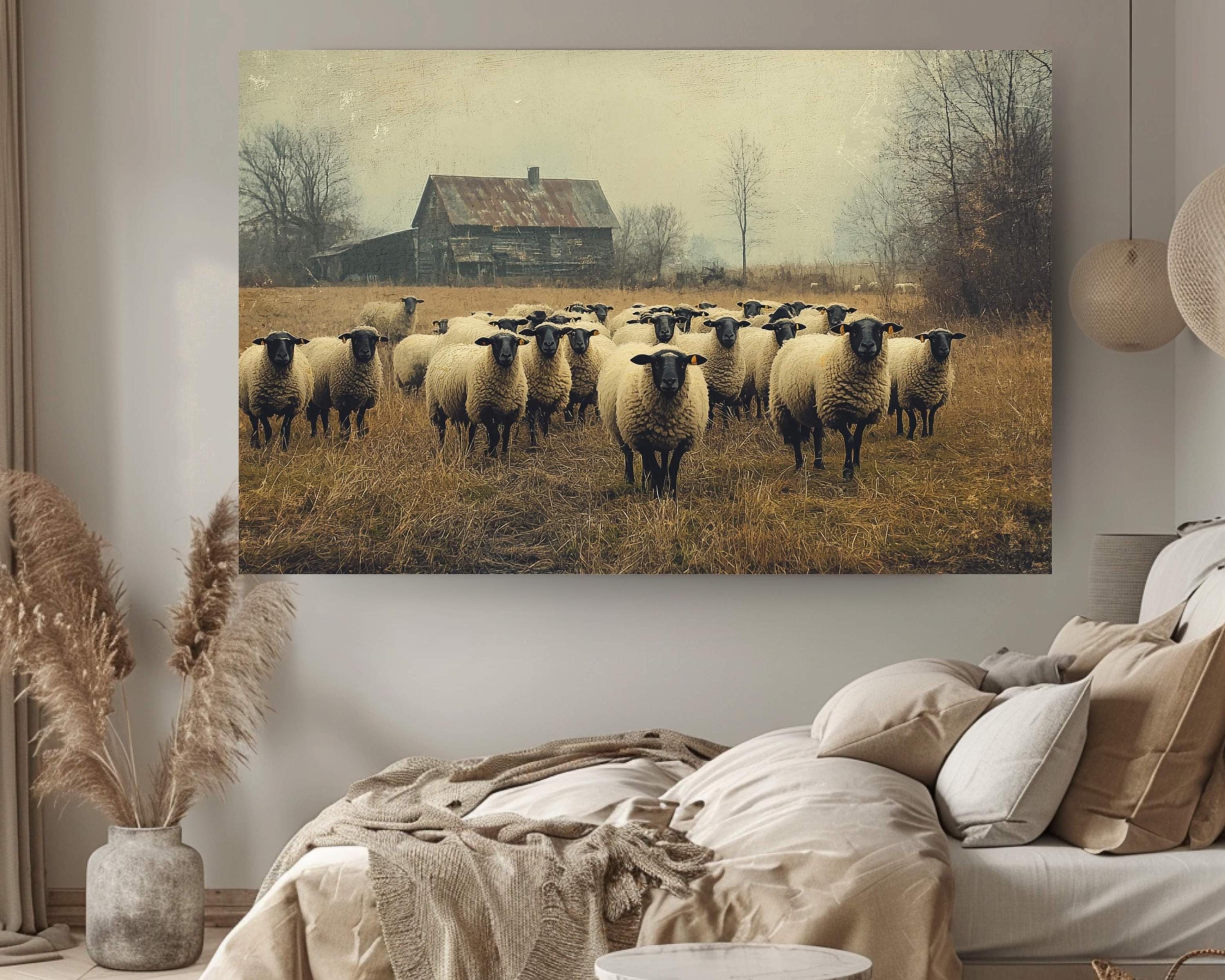 Vintage Barn and Sheep Wall Art Print, Rustic Farm Scene, Country Farmhouse Autumn Home Decor, Fall Landscape Wall Art Print, Farm Life Art