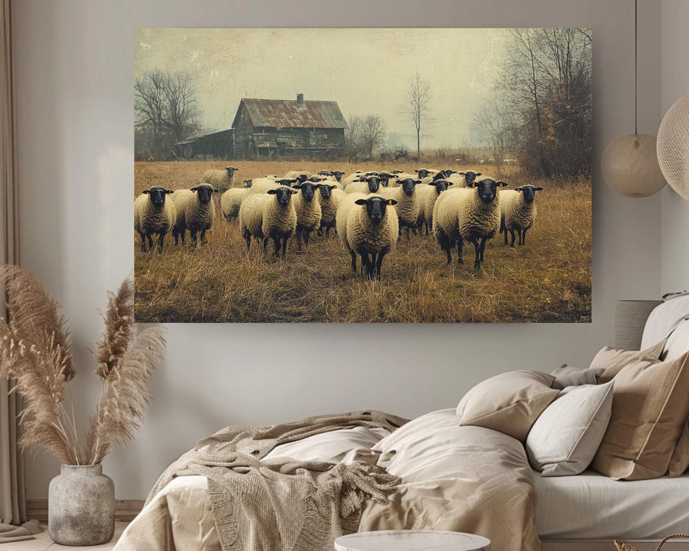 Vintage Barn and Sheep Wall Art Print, Rustic Farm Scene, Country Farmhouse Autumn Home Decor, Fall Landscape Wall Art Print, Farm Life Art