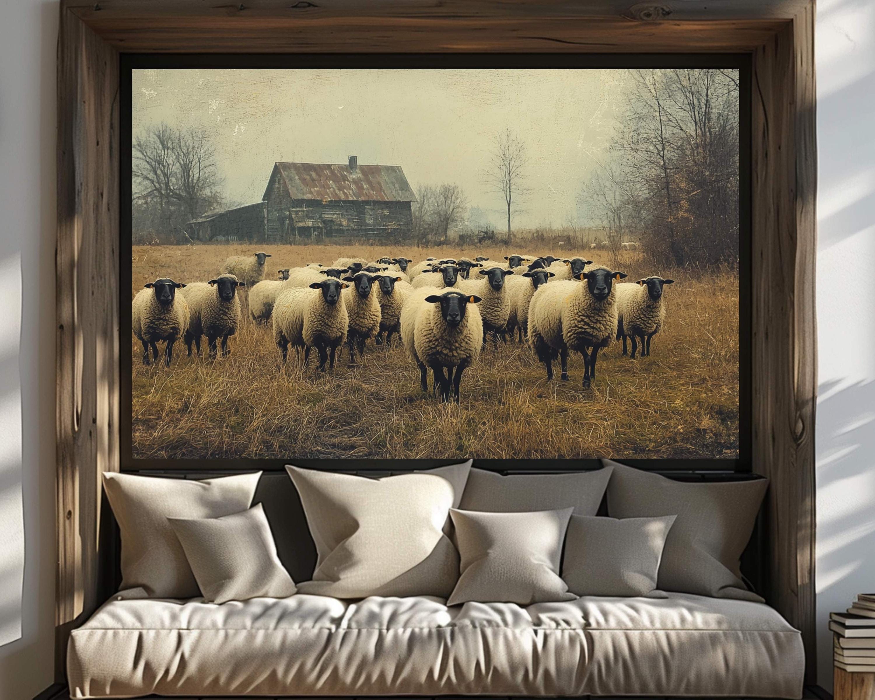 Vintage Barn and Sheep Wall Art Print, Rustic Farm Scene, Country Farmhouse Autumn Home Decor, Fall Landscape Wall Art Print, Farm Life Art