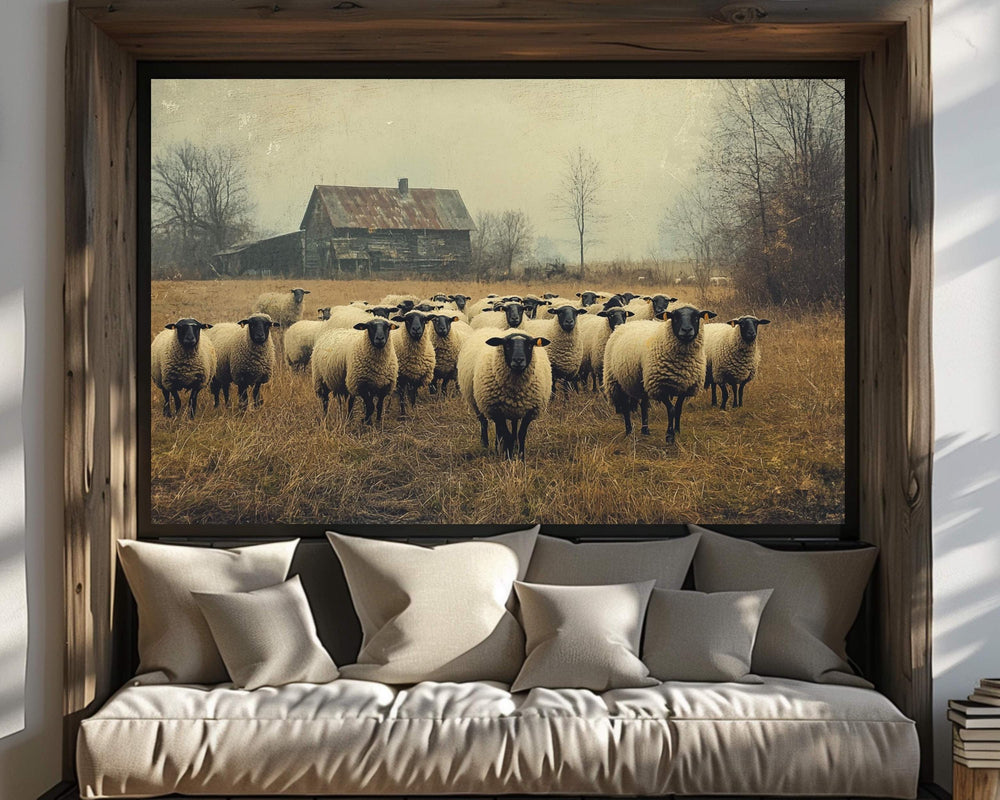 Vintage Barn and Sheep Wall Art Print, Rustic Farm Scene, Country Farmhouse Autumn Home Decor, Fall Landscape Wall Art Print, Farm Life Art