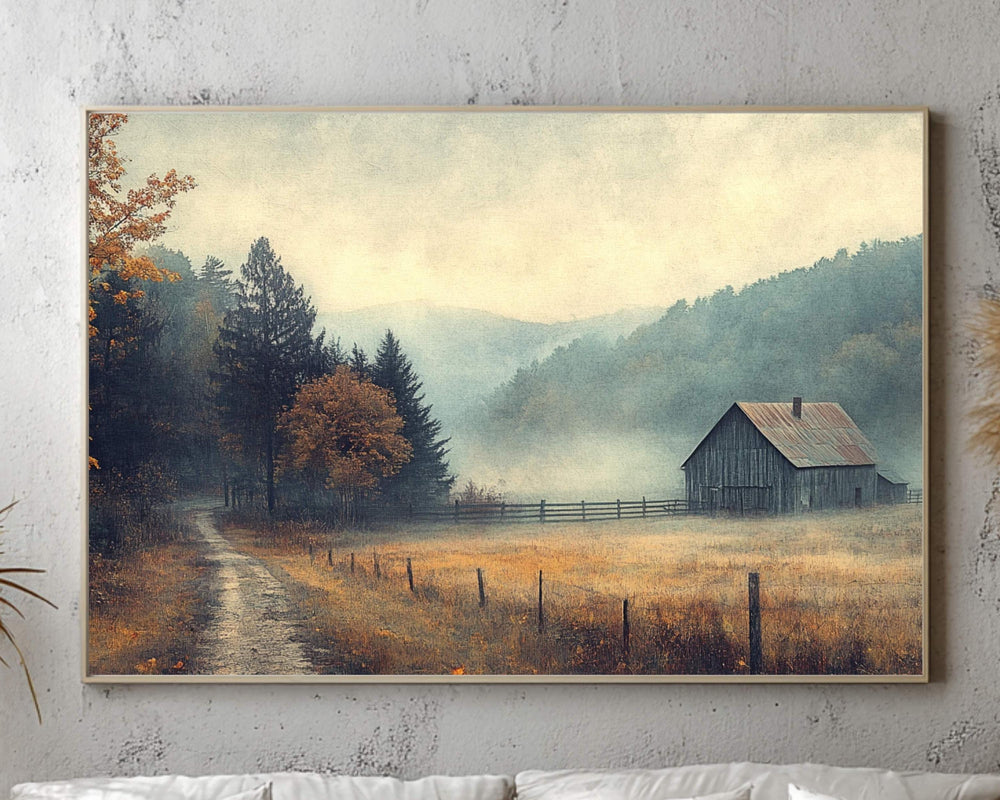 Misty Valley Barn Wall Art Print, Tranquil Autumn Landscape Farmhouse Country Decor, Fall Seasonal Farmhouse Decor, Cozy Country Style