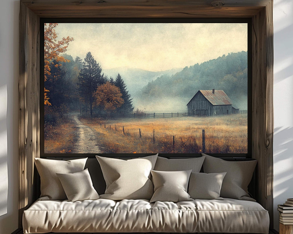 Misty Valley Barn Wall Art Print, Tranquil Autumn Landscape Farmhouse Country Decor, Fall Seasonal Farmhouse Decor, Cozy Country Style