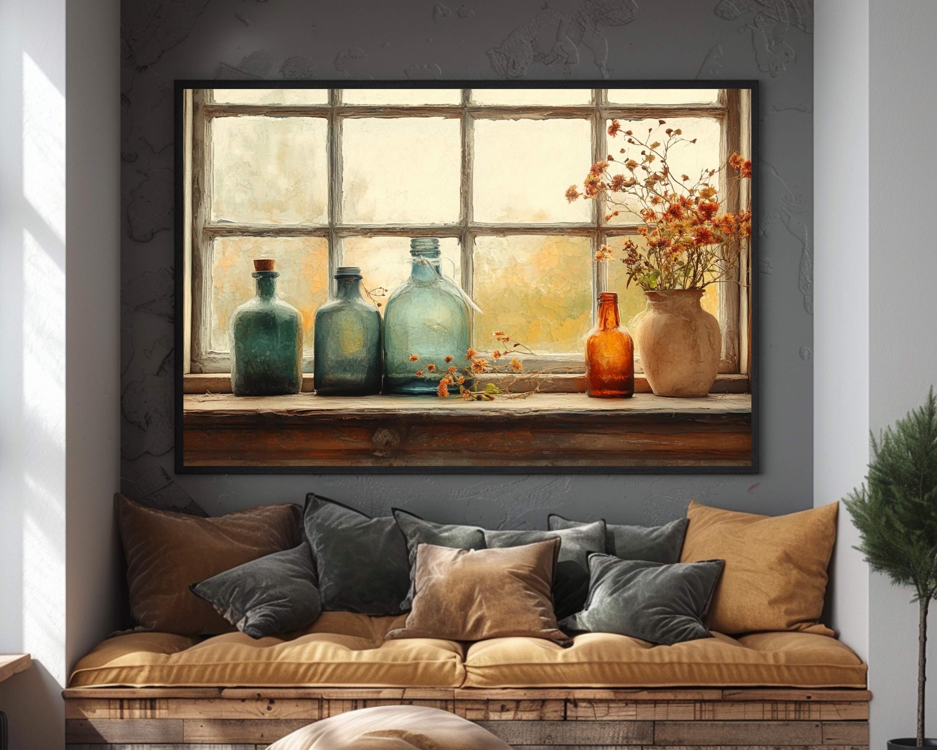 Rustic Bottles Wall Art Print, Autumn Farmhouse Still Life Painting, Flowers on Windowsill Canvas, Seasonal Fall Country Style Decor