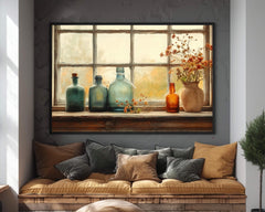 Rustic Bottles Wall Art Print, Autumn Farmhouse Still Life Painting, Flowers on Windowsill Canvas, Seasonal Fall Country Style Decor