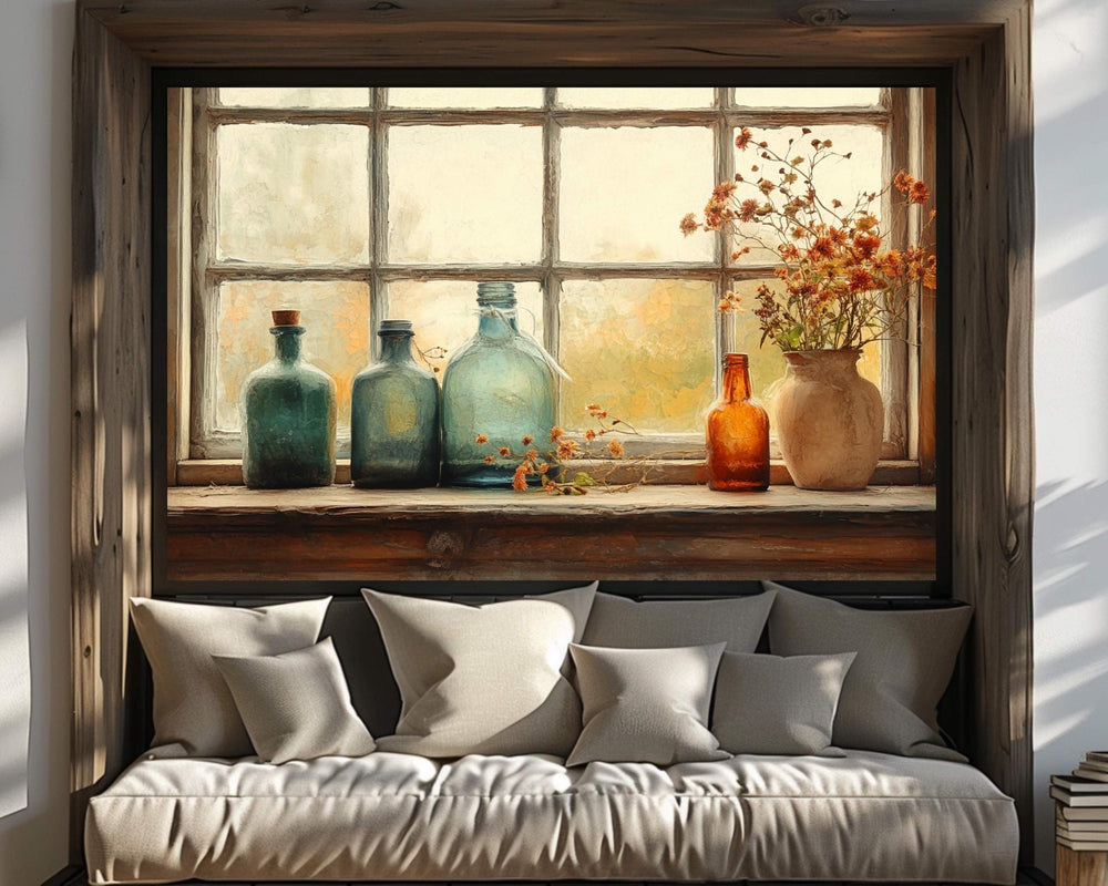 Rustic Bottles Wall Art Print, Autumn Farmhouse Still Life Painting, Flowers on Windowsill Canvas, Seasonal Fall Country Style Decor