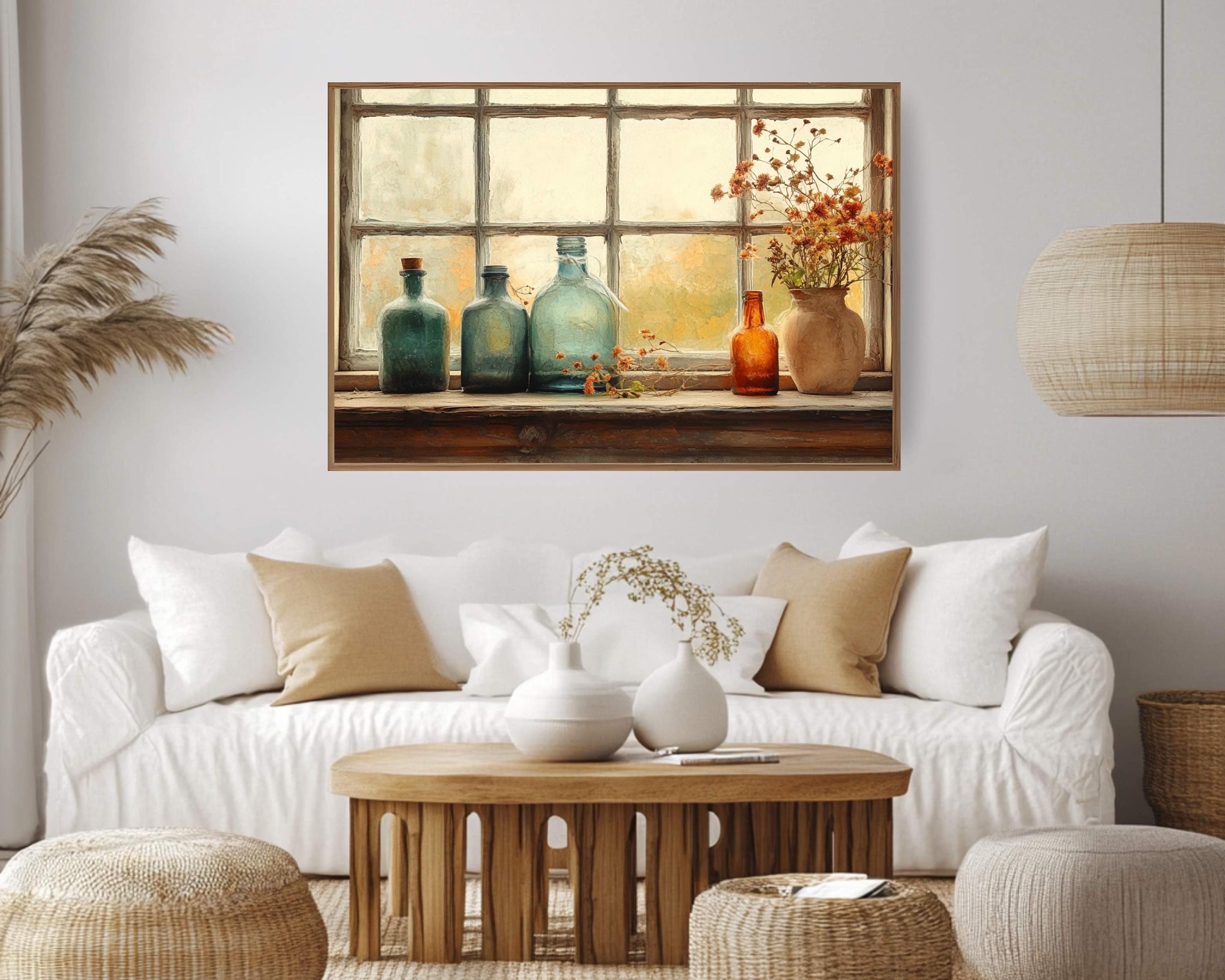 Rustic Bottles Wall Art Print, Autumn Farmhouse Still Life Painting, Flowers on Windowsill Canvas, Seasonal Fall Country Style Decor
