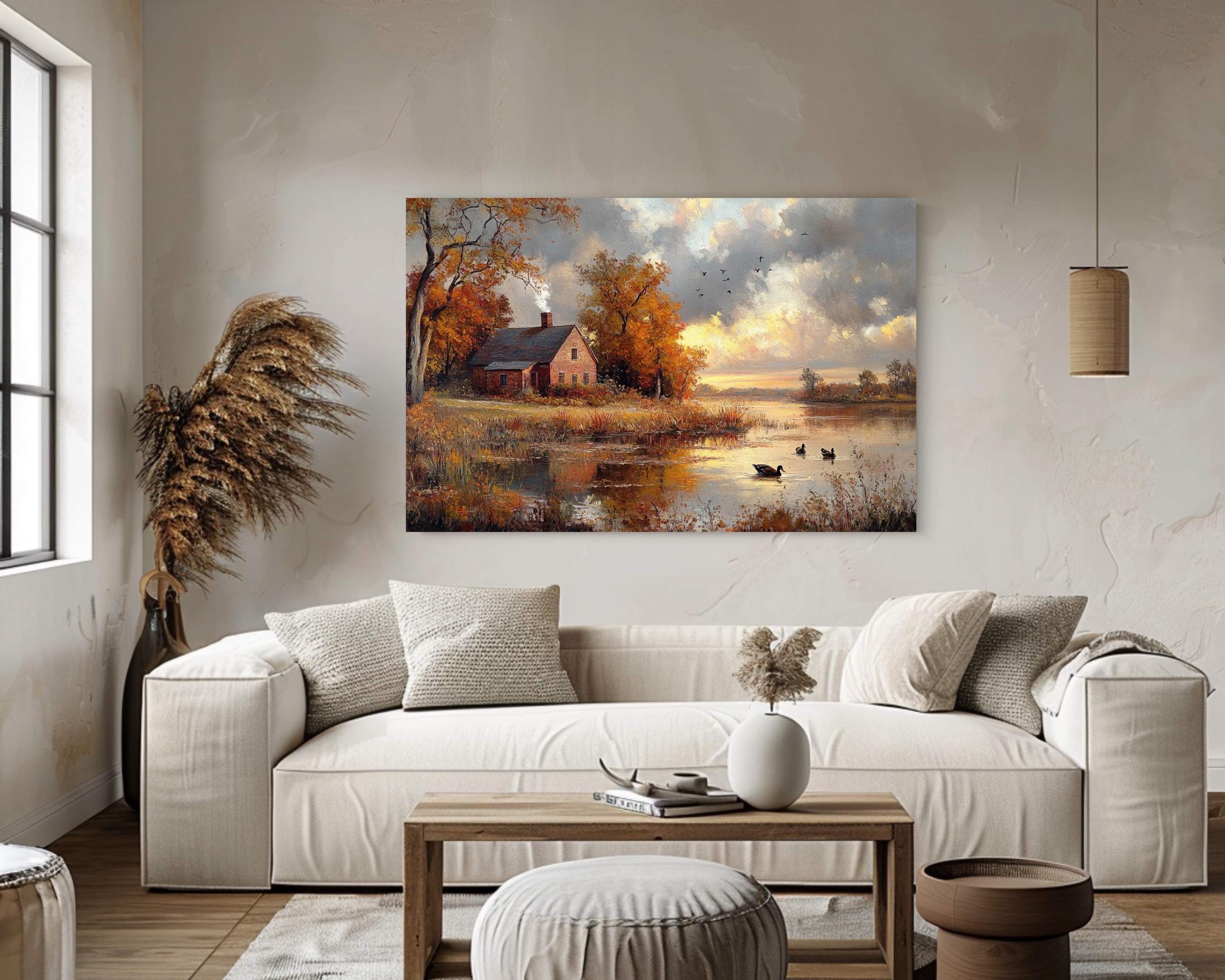 Autumn Cottage Wall Art Print, Rustic Farmhouse Countryside Landscape Painting, By the Lake Canvas Art, Rustic Fall Print, Woodland Scene