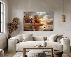Autumn Cottage Wall Art Print, Rustic Farmhouse Countryside Landscape Painting, By the Lake Canvas Art, Rustic Fall Print, Woodland Scene