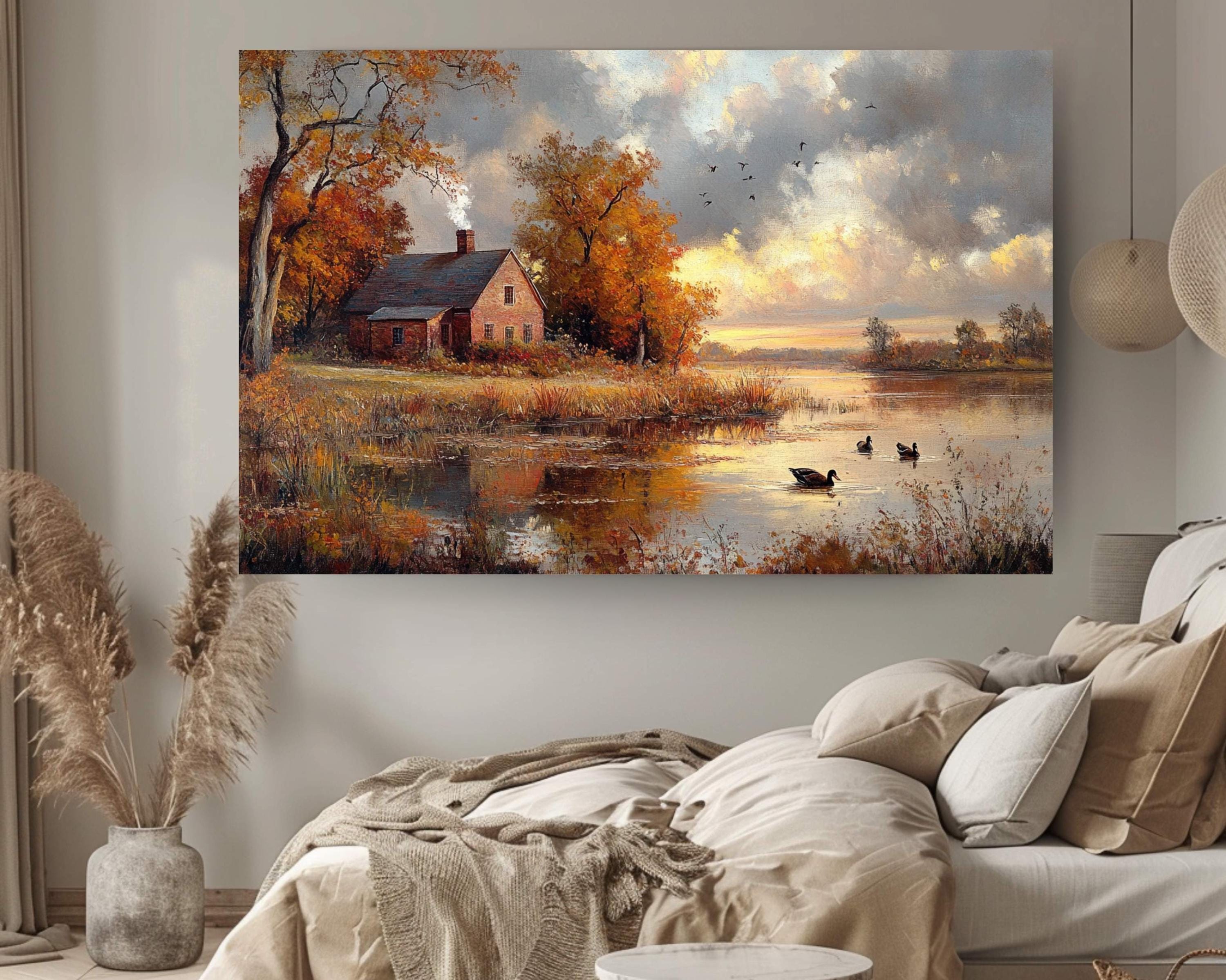 Autumn Cottage Wall Art Print, Rustic Farmhouse Countryside Landscape Painting, By the Lake Canvas Art, Rustic Fall Print, Woodland Scene