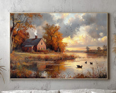 Autumn Cottage Wall Art Print, Rustic Farmhouse Countryside Landscape Painting, By the Lake Canvas Art, Rustic Fall Print, Woodland Scene