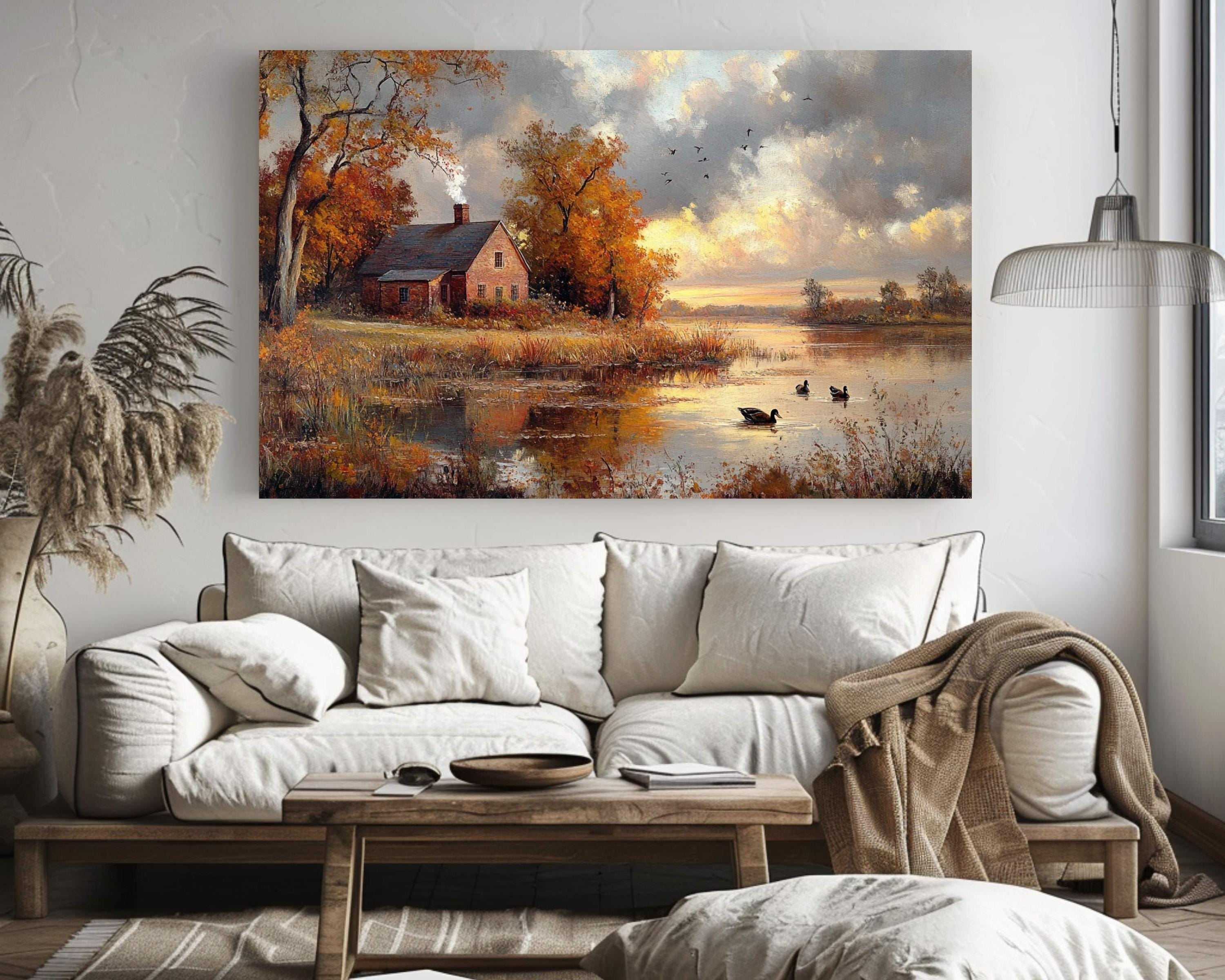 Autumn Cottage Wall Art Print, Rustic Farmhouse Countryside Landscape Painting, By the Lake Canvas Art, Rustic Fall Print, Woodland Scene