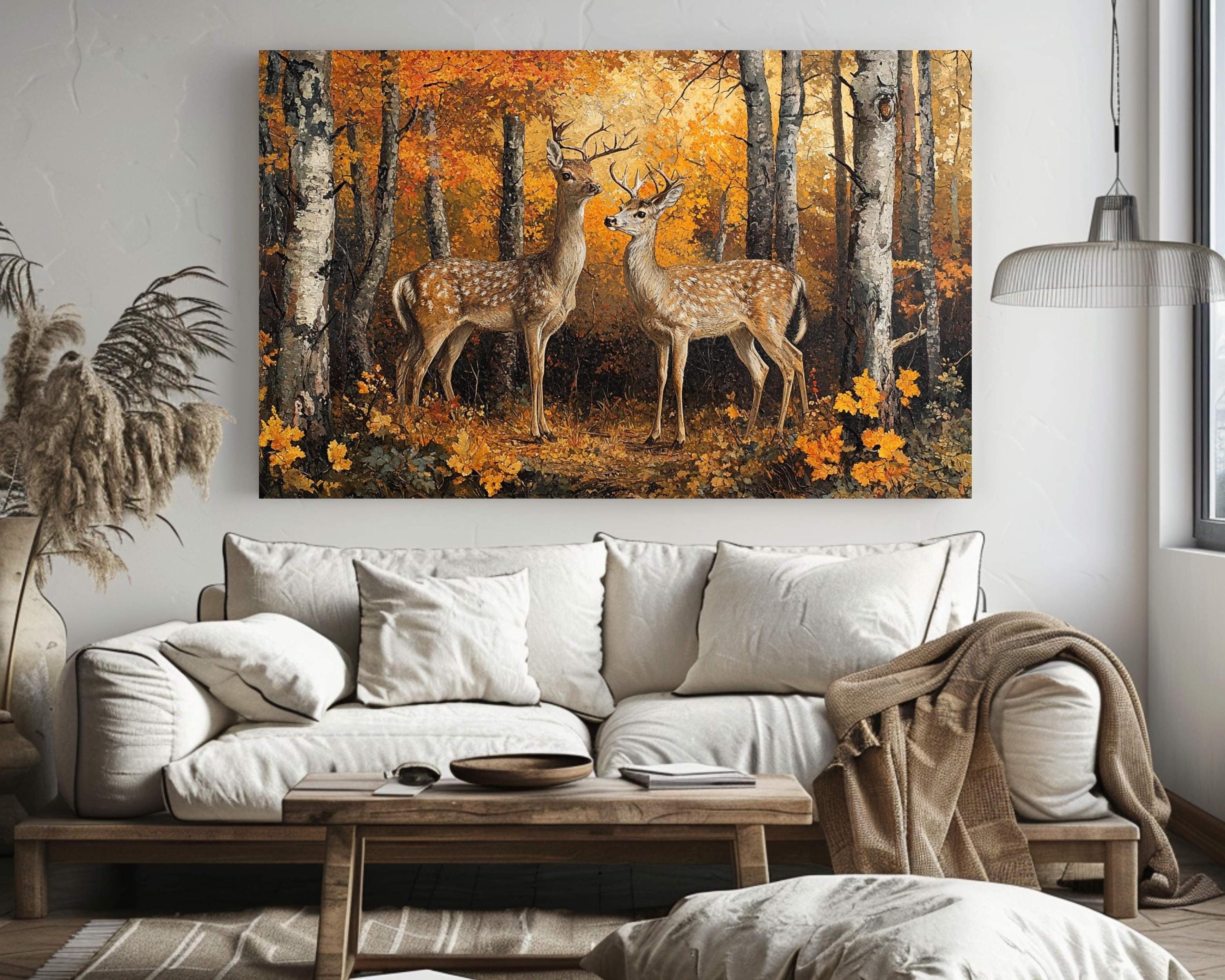 Deer Autumn Forest Wall Art Print, Rustic Woodland Canvas, Wildlife Nature Painting, Rustic Forest Scene, Hunting Lodge Art