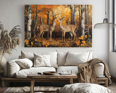 Deer Autumn Forest Wall Art Print, Rustic Woodland Canvas, Wildlife Nature Painting, Rustic Forest Scene, Hunting Lodge Art