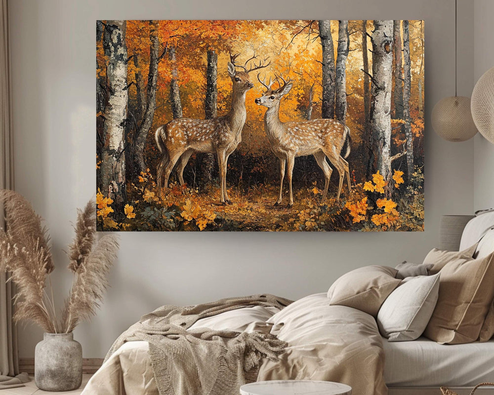 Deer Autumn Forest Wall Art Print, Rustic Woodland Canvas, Wildlife Nature Painting, Rustic Forest Scene, Hunting Lodge Art