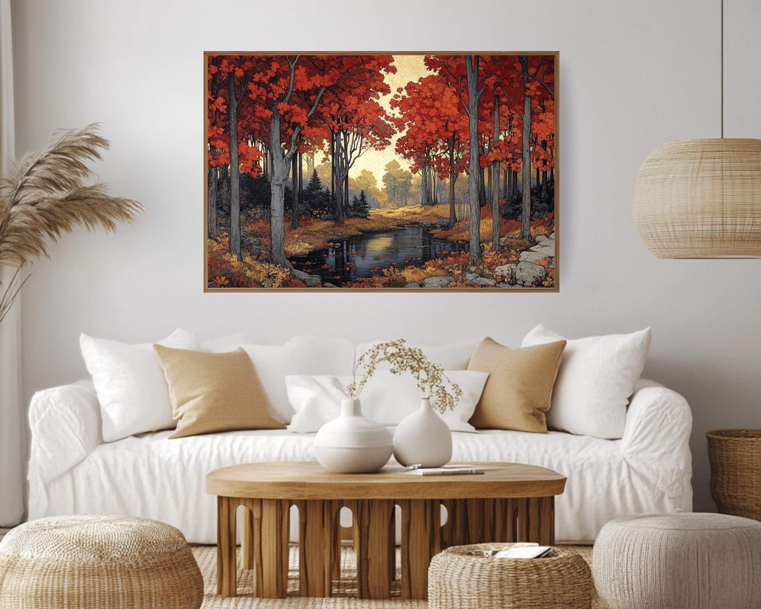 Autumn Red Maple Wall Art Print, Vibrant Fall Woodland Landscape Painting, Forest Stream Home Decor, Rustic Fall Foliage Canvas Art
