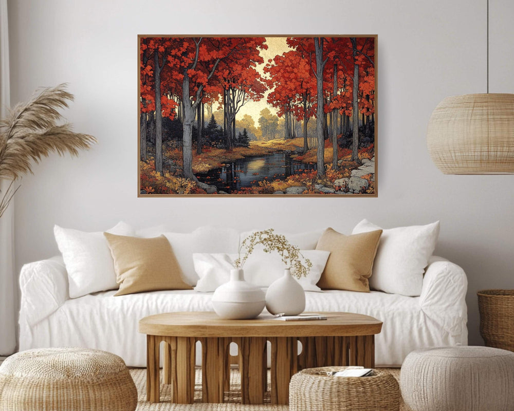 Autumn Red Maple Wall Art Print, Vibrant Fall Woodland Landscape Painting, Forest Stream Home Decor, Rustic Fall Foliage Canvas Art